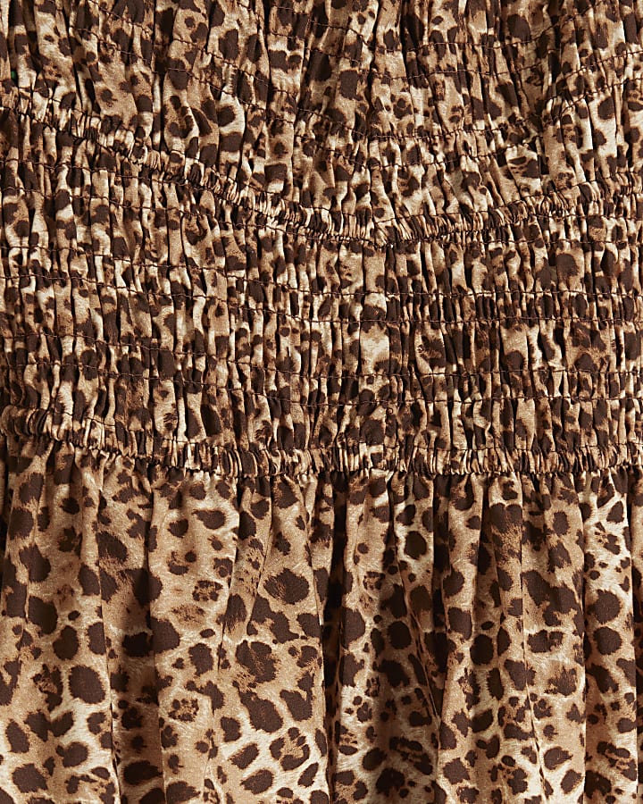 Brown leopard print shirred smock midi dress