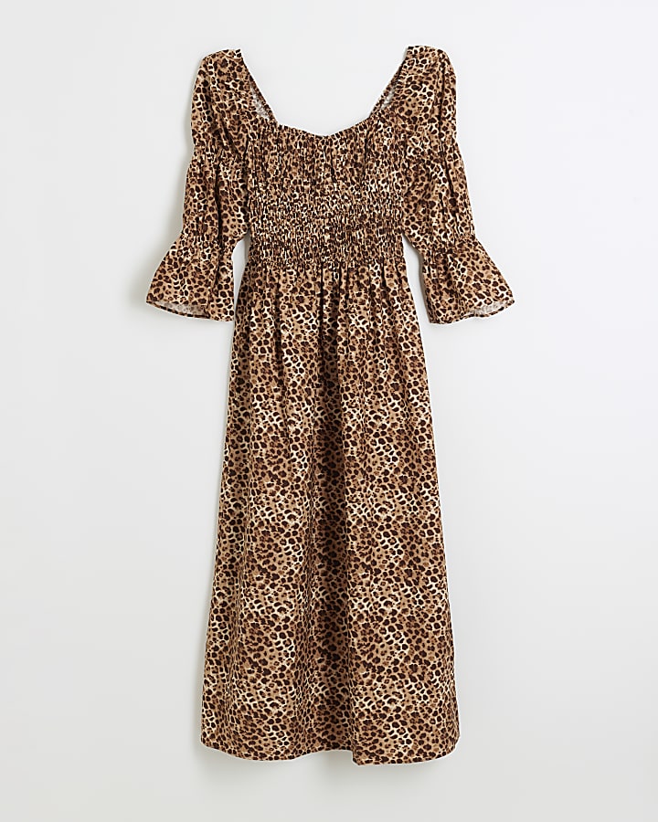 Brown leopard print shirred smock midi dress