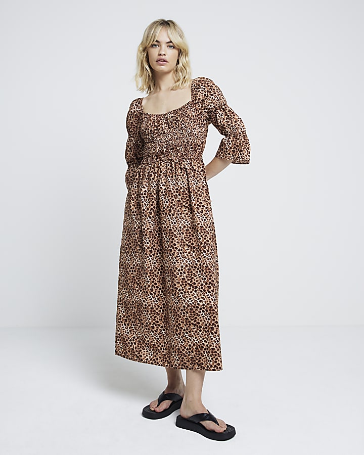 Brown leopard print shirred smock midi dress