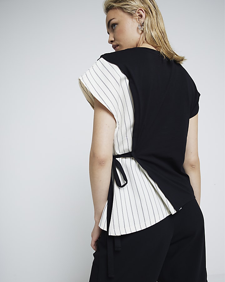 Black colour block belted top