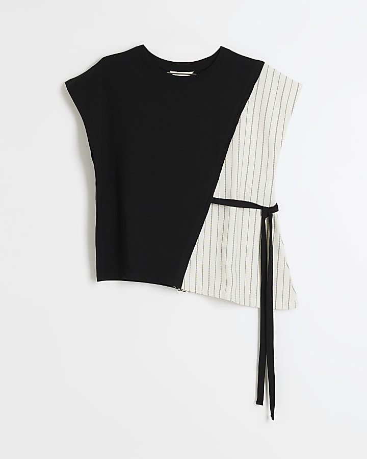 Black colour block belted top