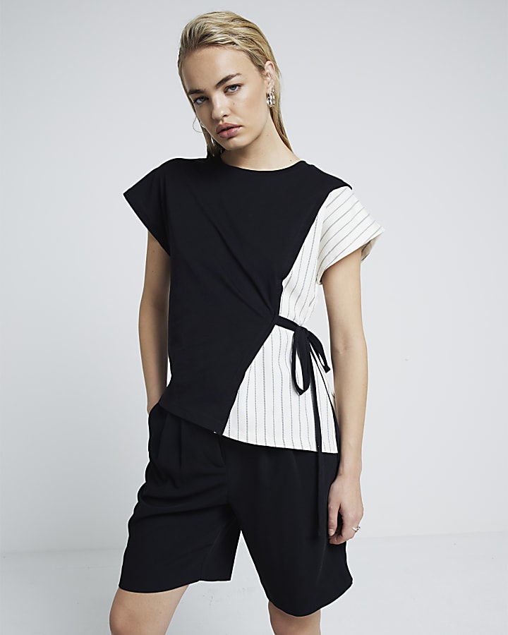 Black colour block belted top