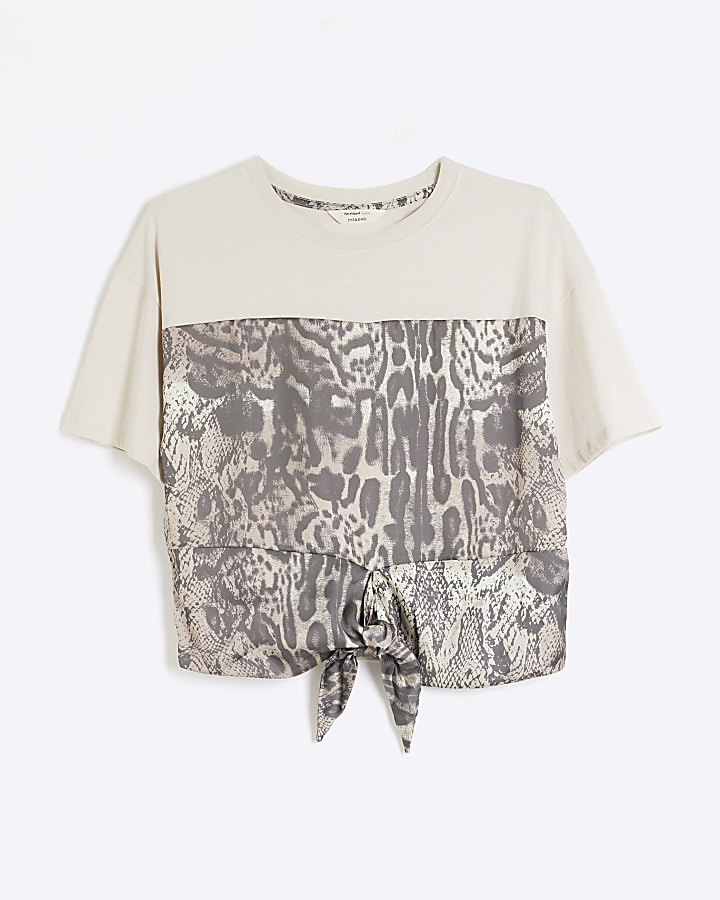 Cream leopard print tie front t-shirt