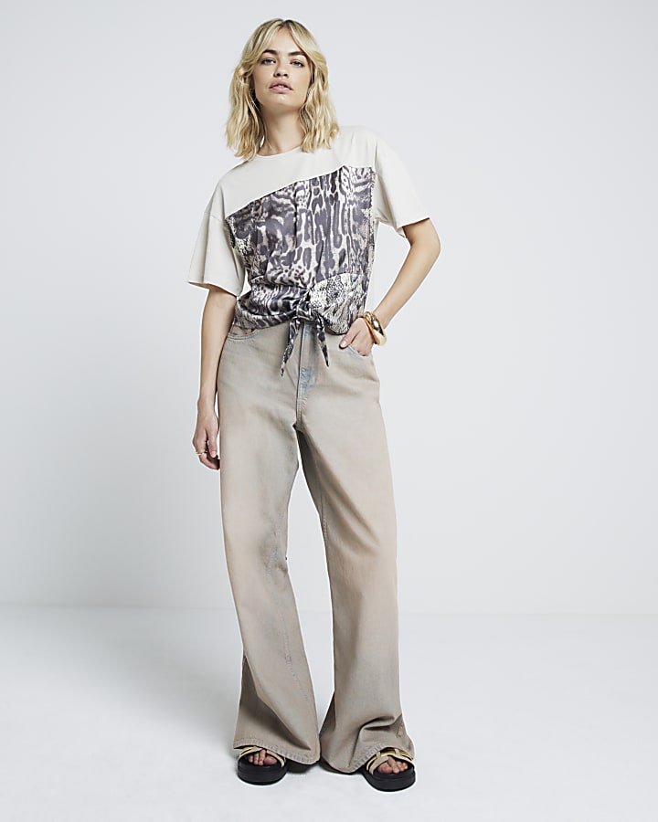Cream leopard print tie front t-shirt