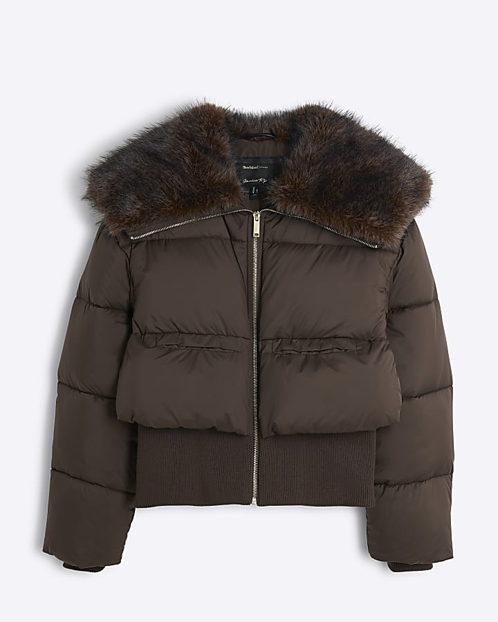 Brown Padded Faux Fur Trim Bomber Jacket