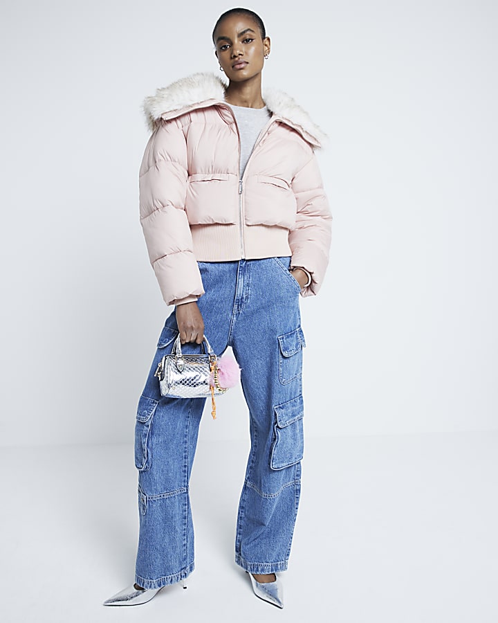 Pink Padded Faux Fur Trim Bomber Jacket