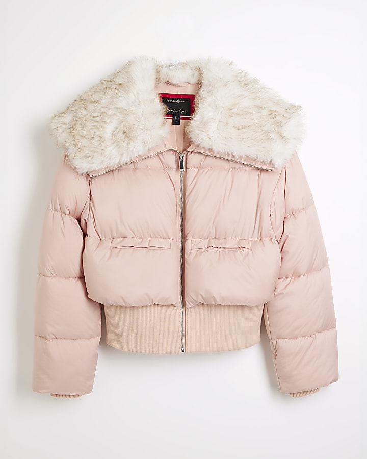 Pink Padded Faux Fur Trim Bomber Jacket