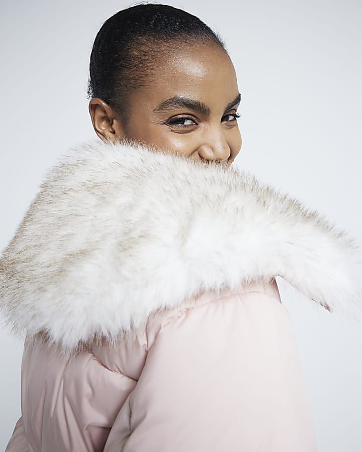 Pink Padded Faux Fur Trim Bomber Jacket