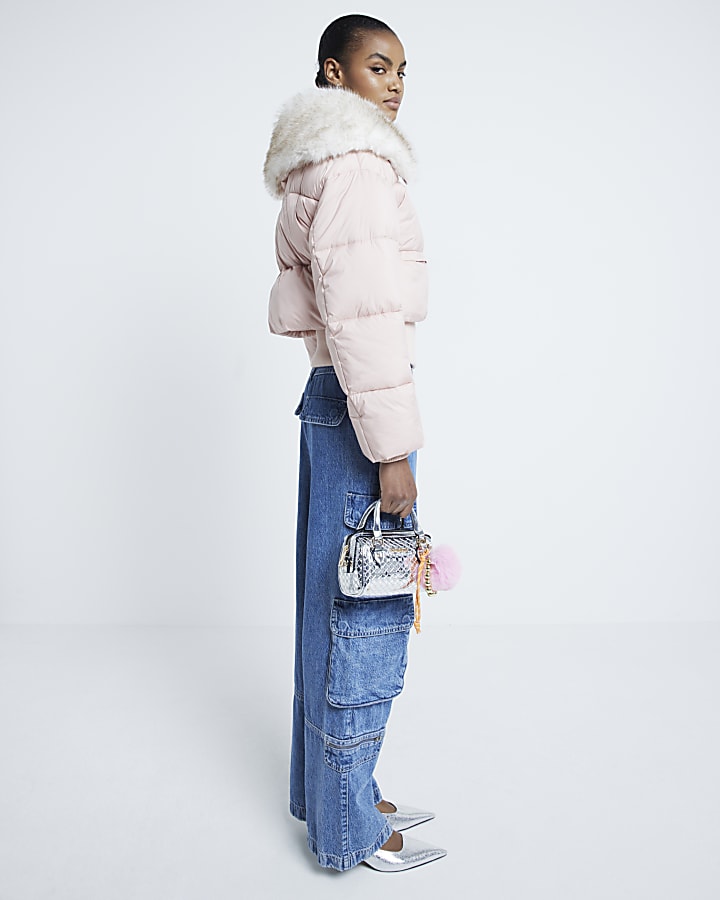 Pink Padded Faux Fur Trim Bomber Jacket