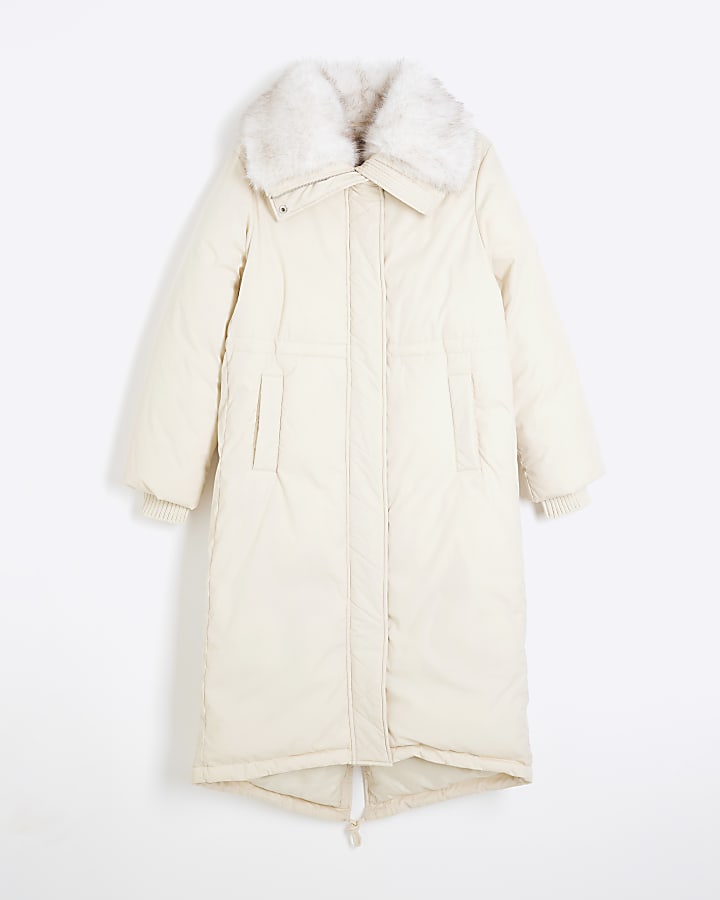 Cream Faux Fur Collar Puffer Jacket