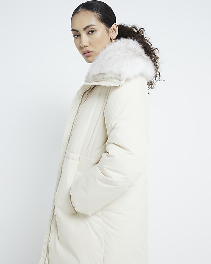 Cream Faux Fur Collar Puffer Jacket