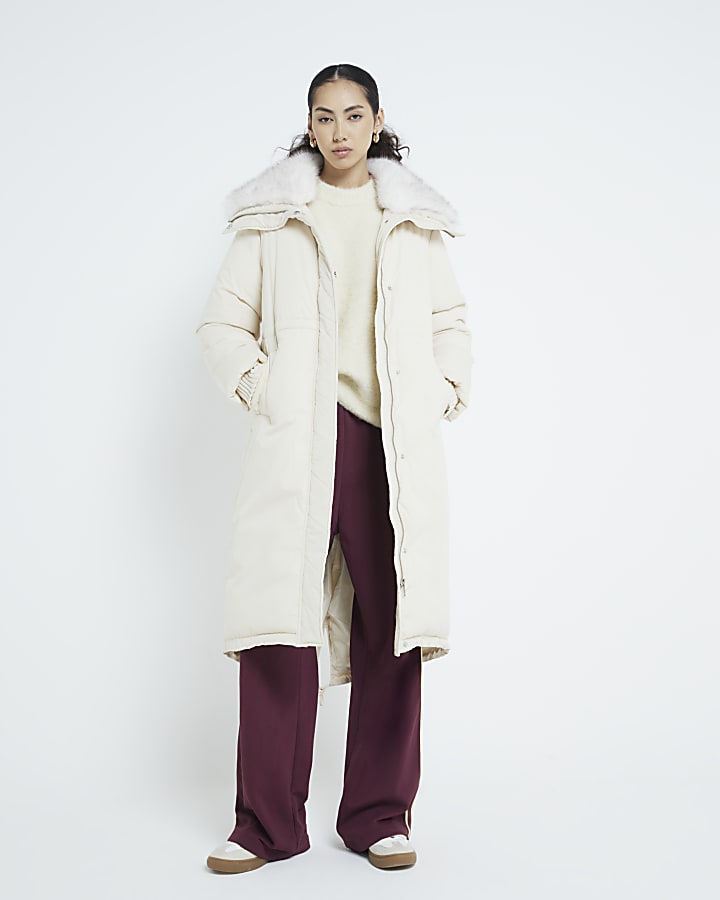 Cream Faux Fur Collar Puffer Jacket