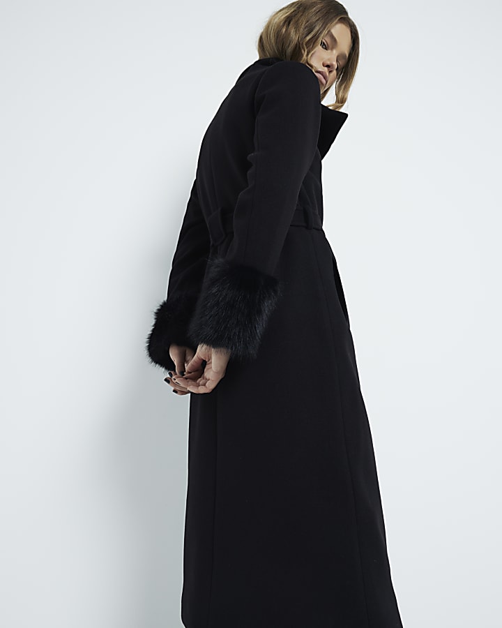 Black Faux Fur Funnel Coat