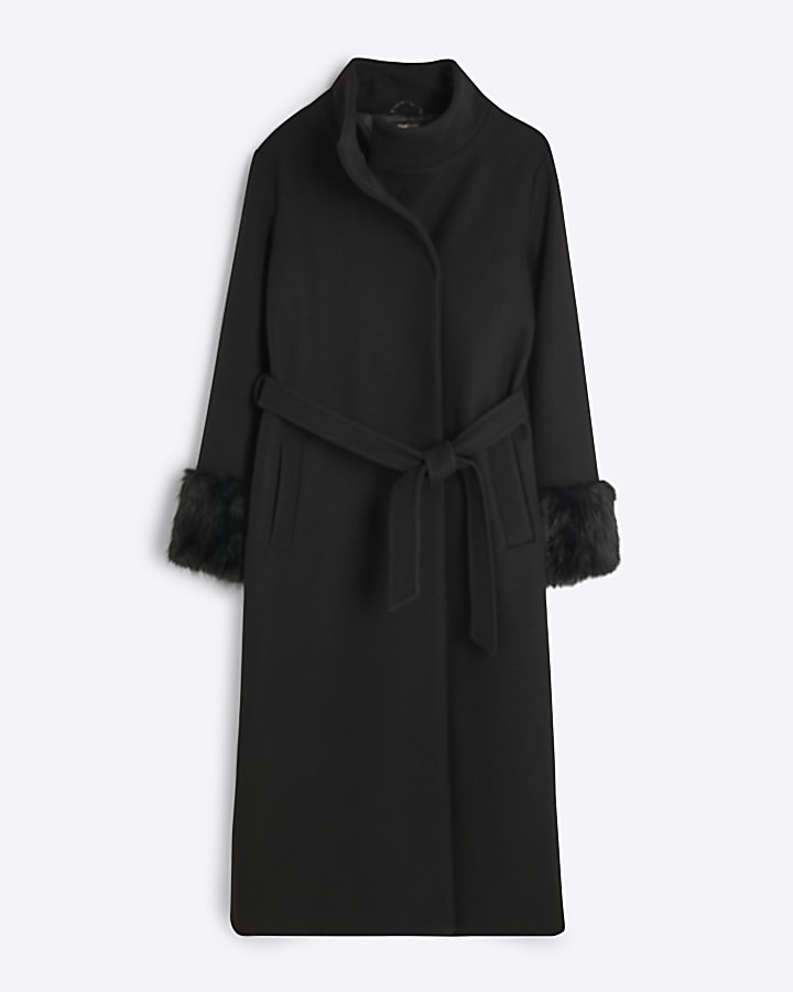Black Faux Fur Funnel Coat