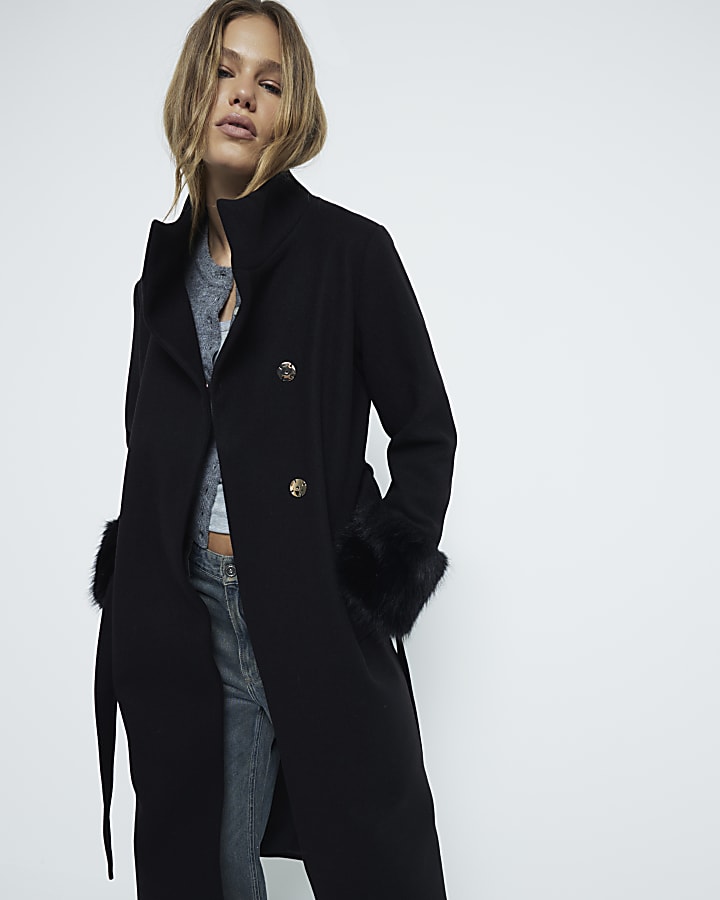 Black Faux Fur Funnel Coat