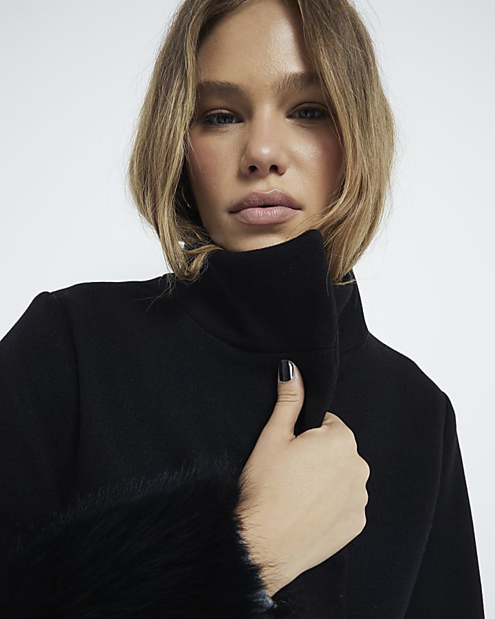 Black Faux Fur Funnel Coat