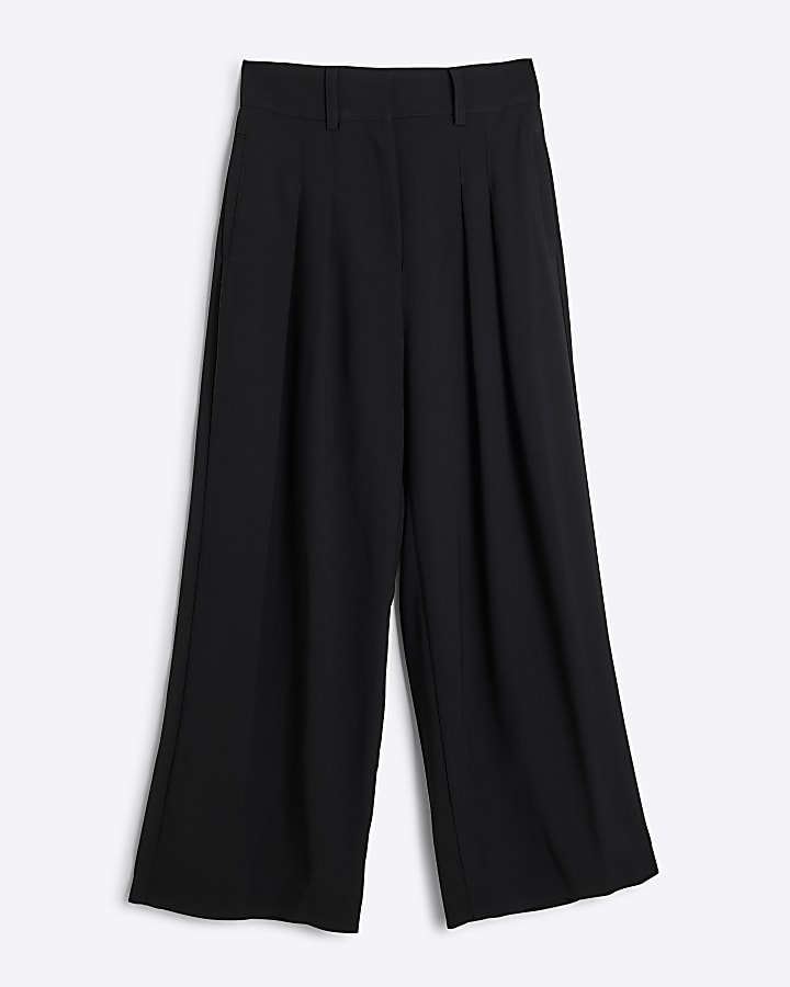 Petite black pleated wide leg trousers