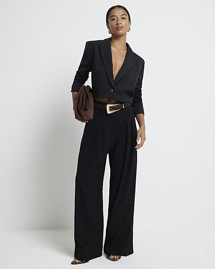 Petite black pleated wide leg trousers