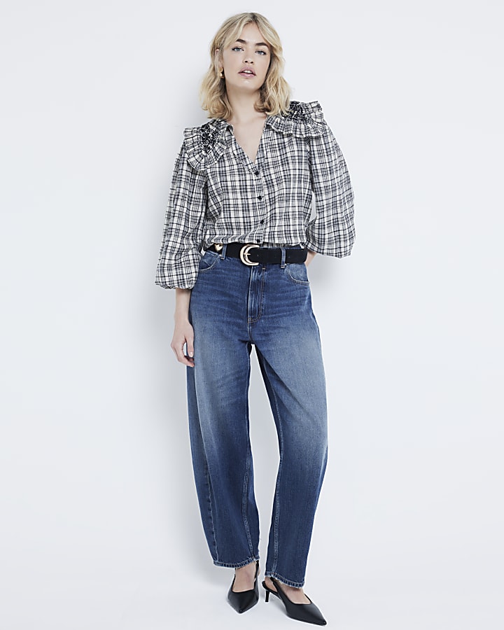 Grey check frill collar shirt