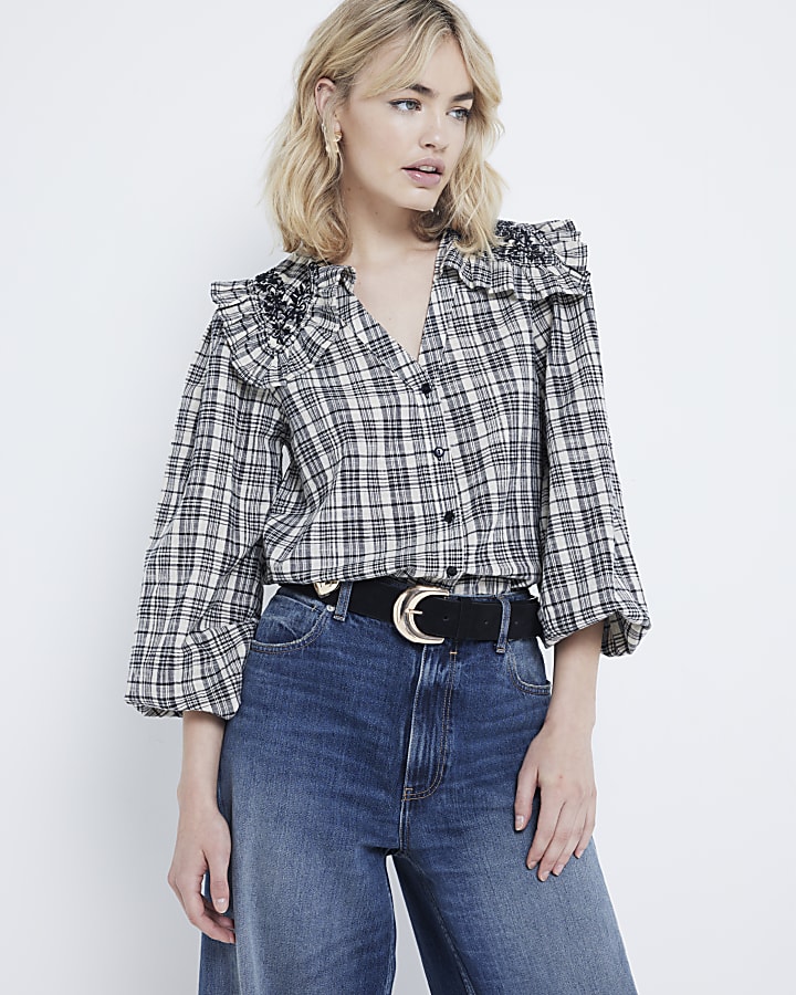 Grey check frill collar shirt