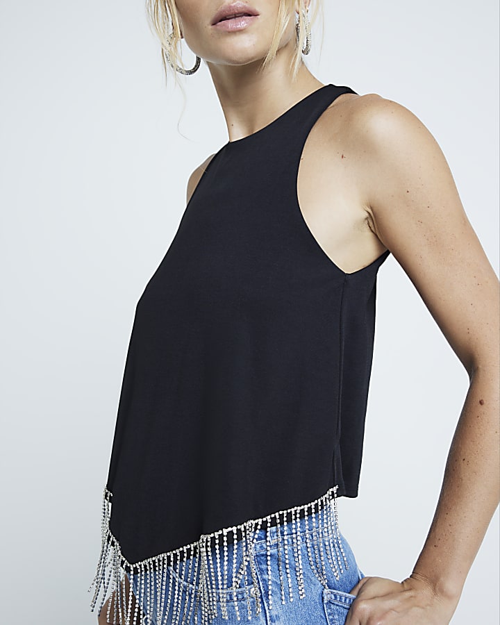 Black diamante trim vest top