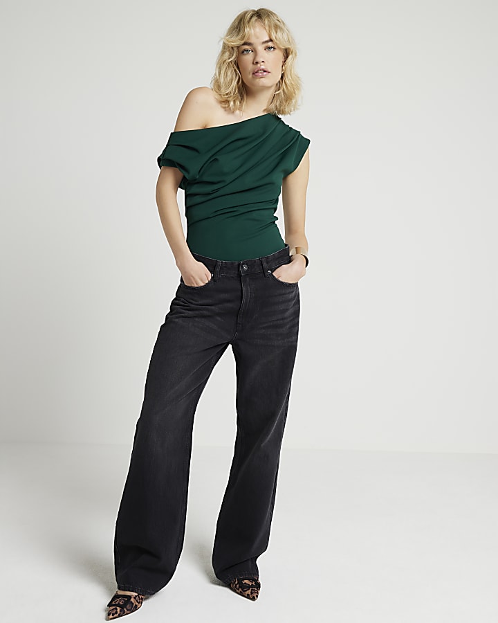 Green Off Shoulder Drape Top River Island