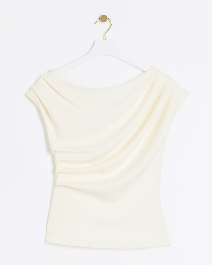 Cream Off Shoulder Asymmetric Drape Top
