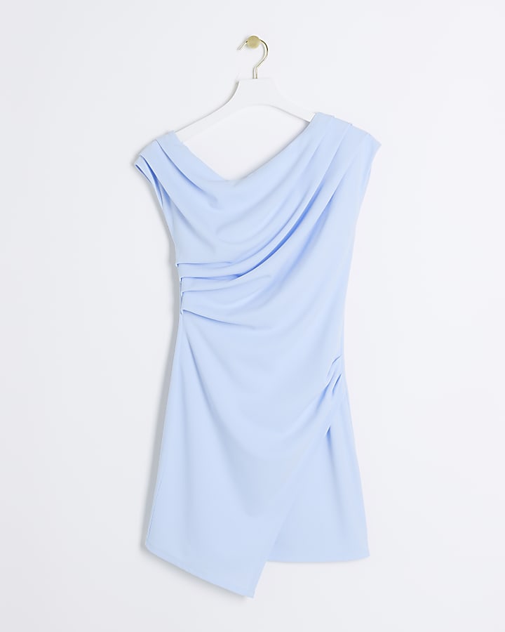 Blue Drape Off Shoulder Bodycon Mini Dress