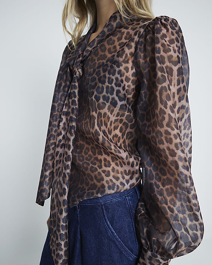 Brown Leopard print bow Blouse