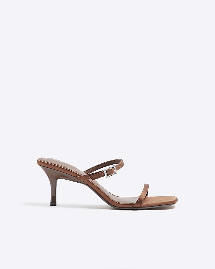 Brown Strappy Heeled Mule Sandals