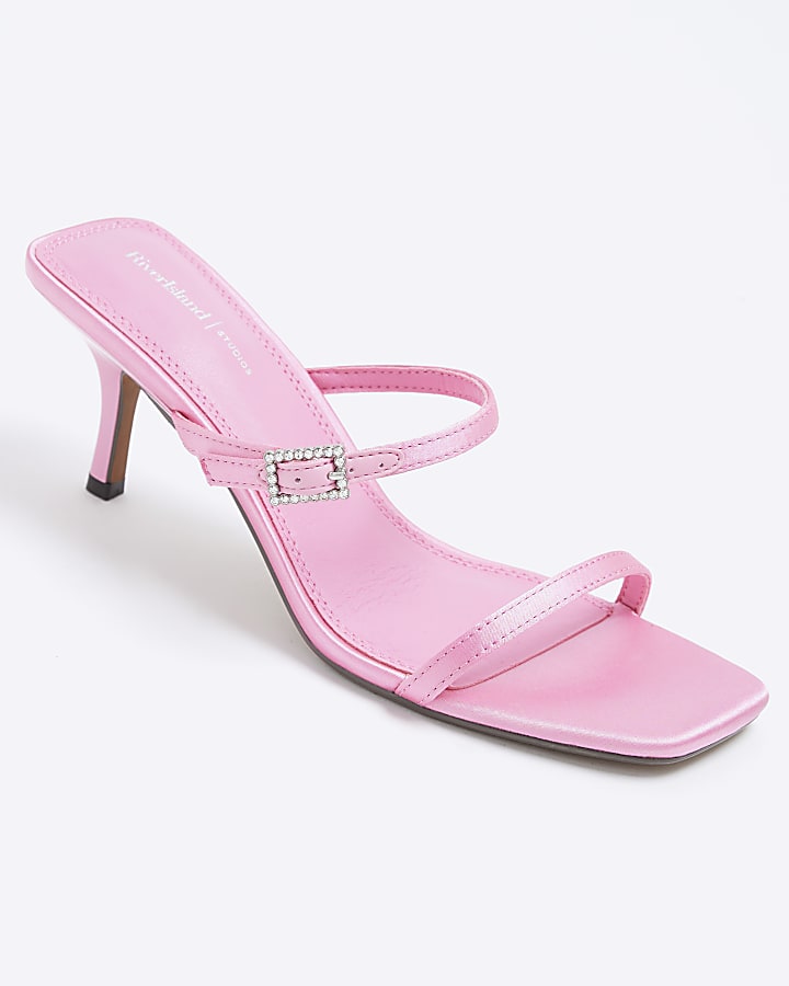 Pink Strappy Heeled Mule Sandals