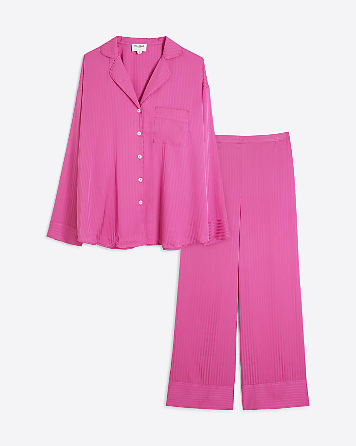 Pink Striped Satin Pyjama Set