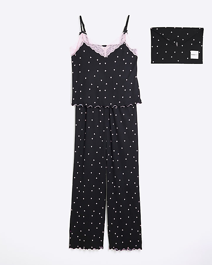 Black Heart Cami And Trousers Pyjama Set