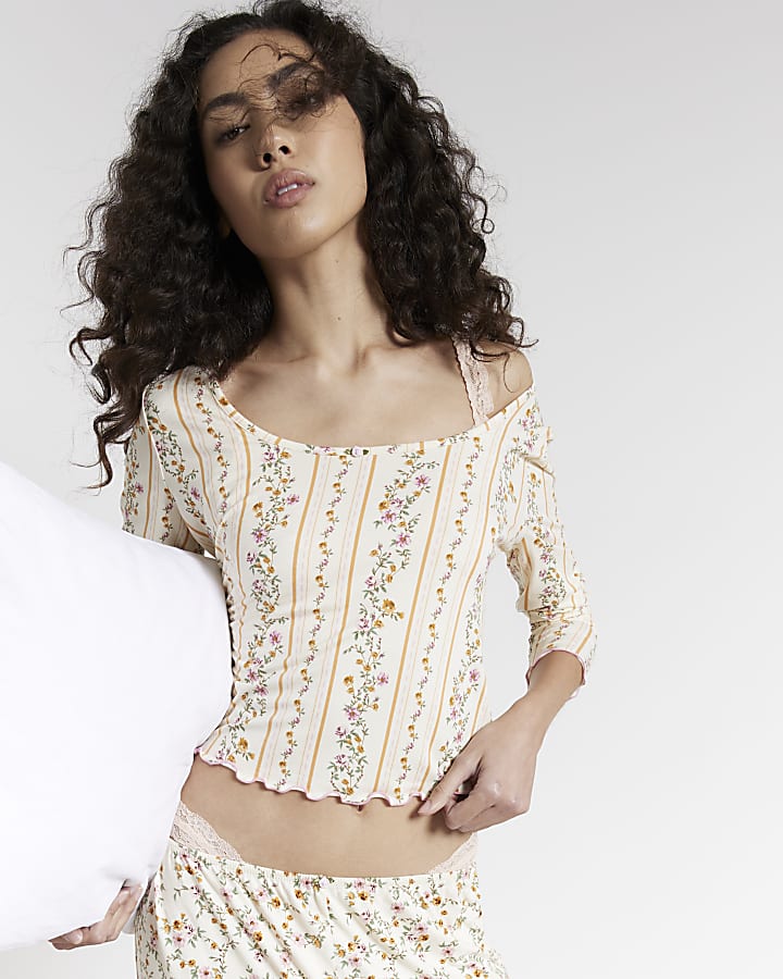 Cream Floral Ribbed Pyjama Set