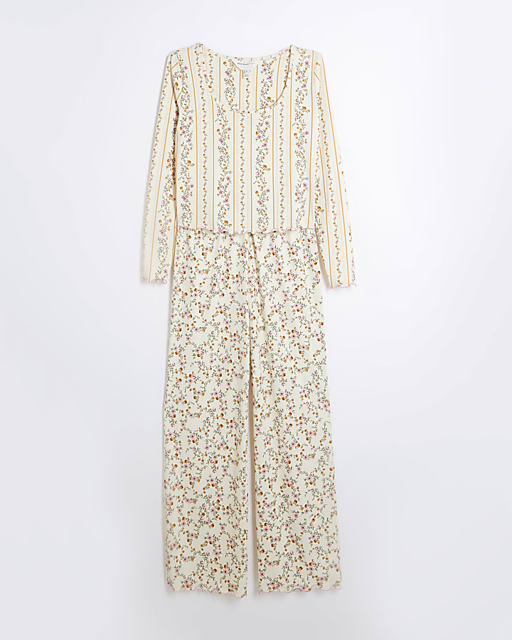 Cream Floral Ribbed Pyjama Set