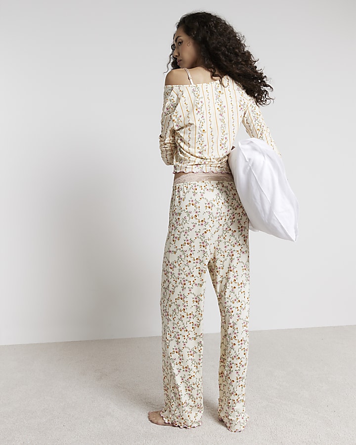 Cream Floral Ribbed Pyjama Set
