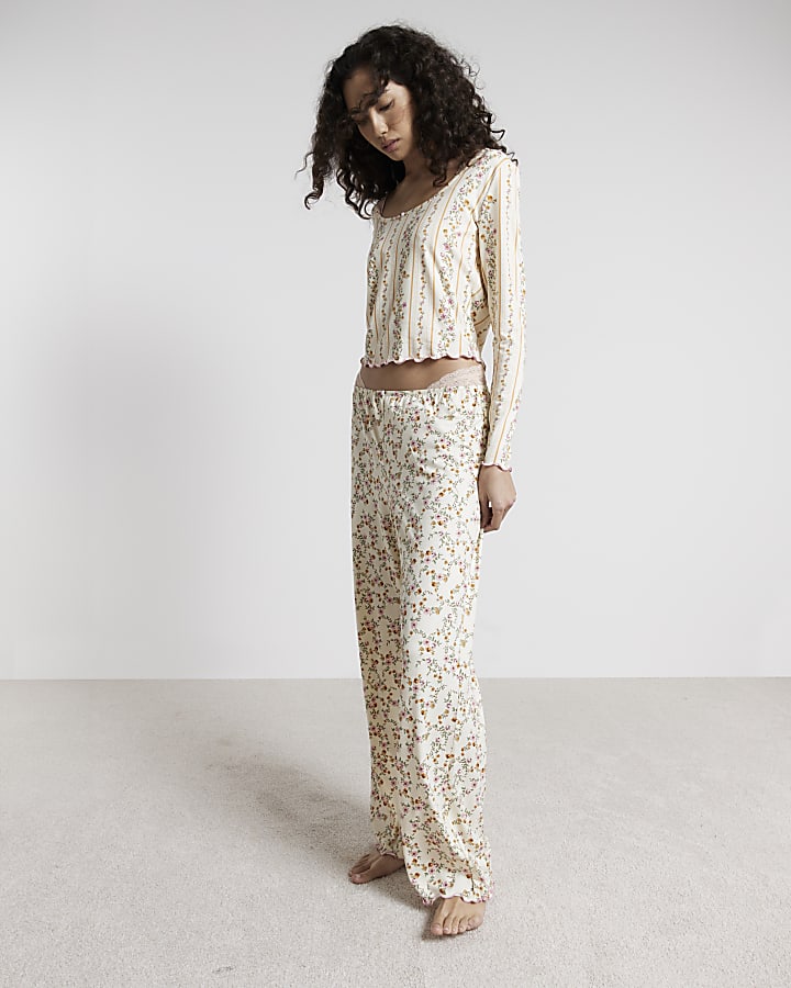 Cream Floral Ribbed Pyjama Set