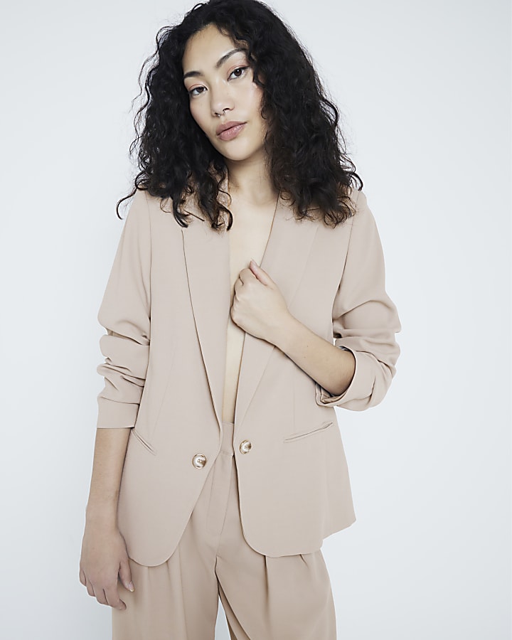 Beige Crepe Notch Collar Blazer