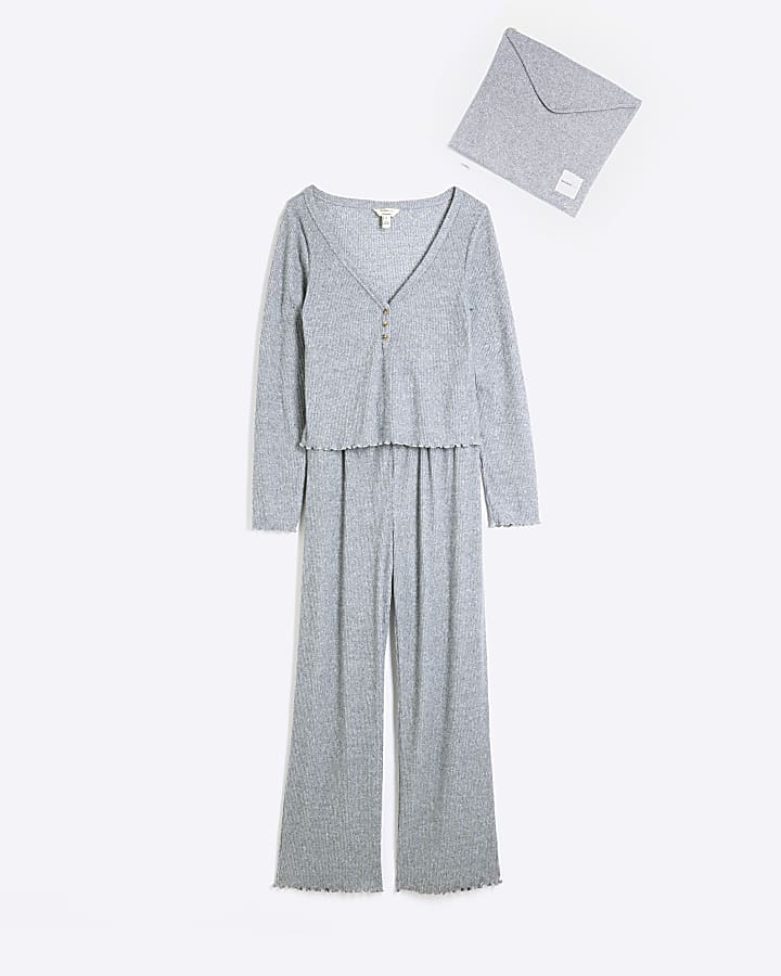 Grey Cosy Ribbed Pyjamas Set