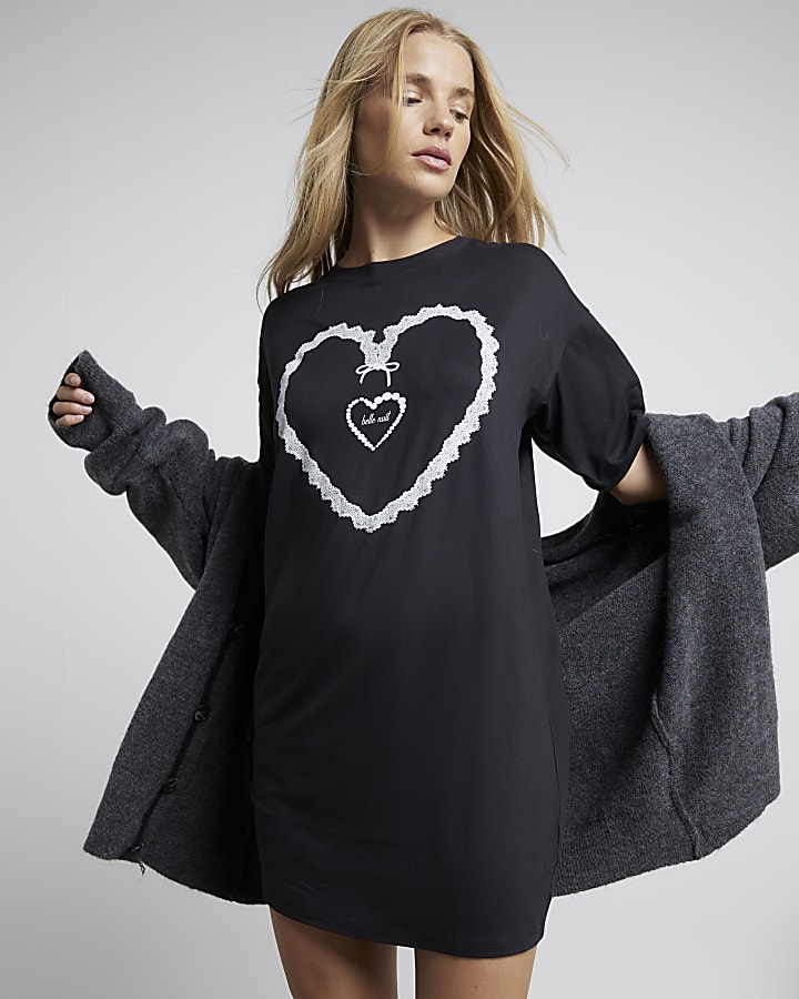 Black Heart Print Pyjama T-Shirt