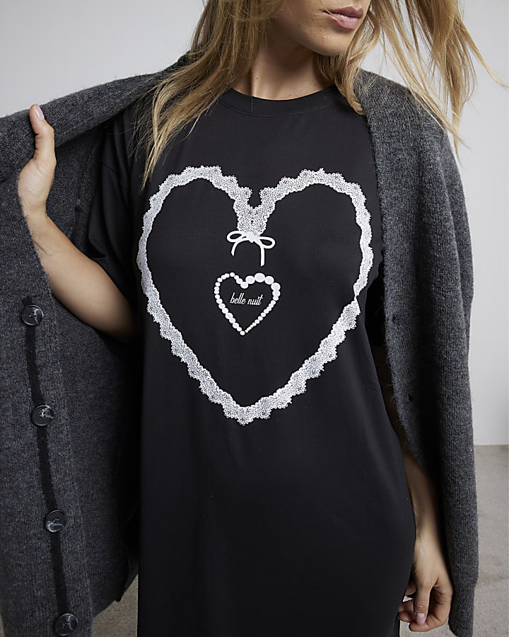 Black Heart Print Pyjama T-Shirt