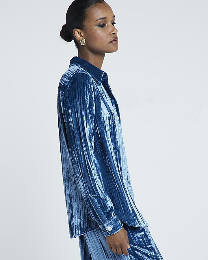 Blue Long Sleeve Velvet Textured Shirt