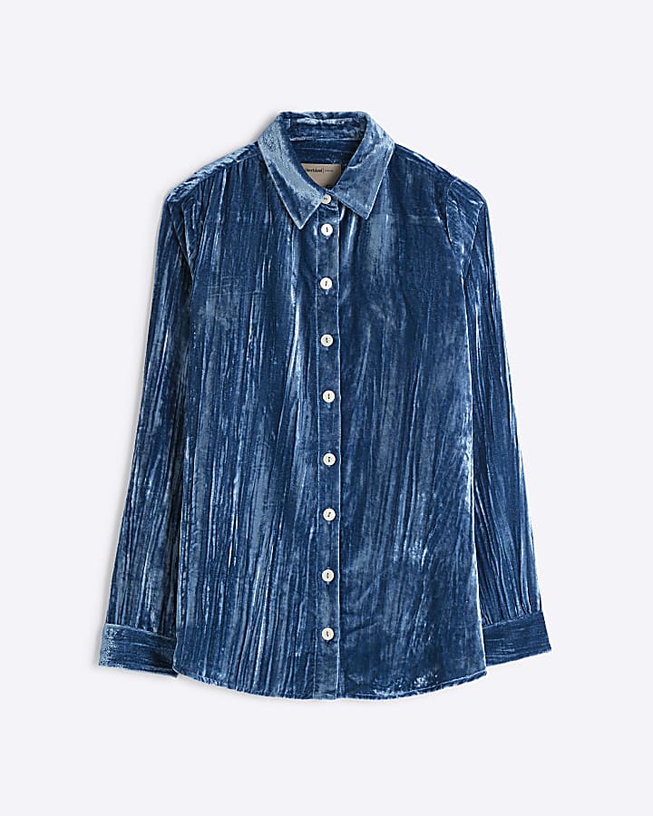 Blue Long Sleeve Velvet Textured Shirt