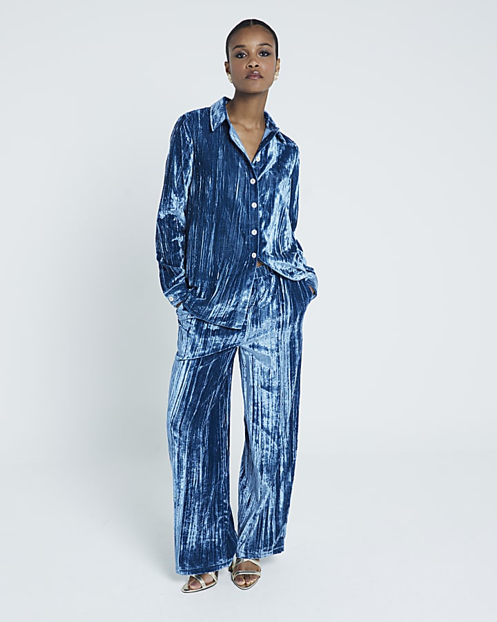 Blue Long Sleeve Velvet Textured Shirt