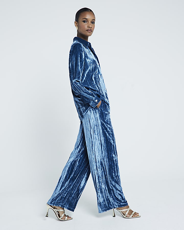 Blue Long Sleeve Velvet Textured Shirt
