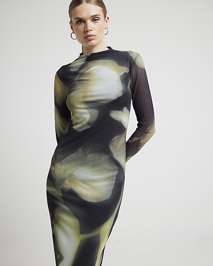 Black mesh floral bodycon midi dress