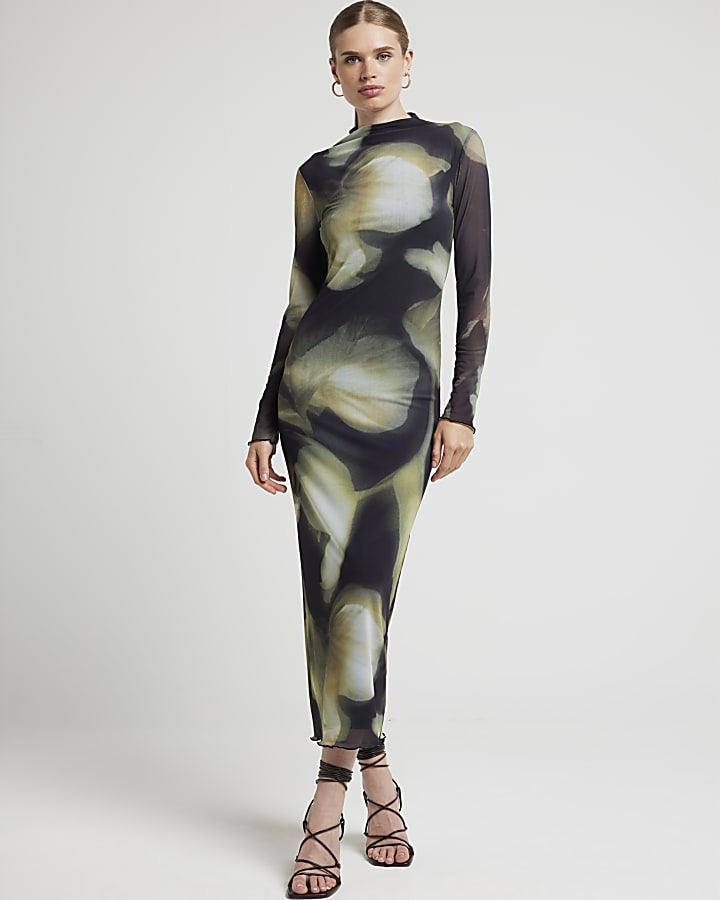 Black mesh floral bodycon midi dress