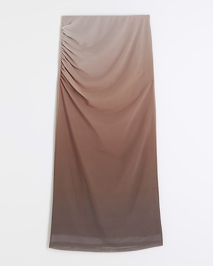 Brown mesh ombre ruched midi skirt