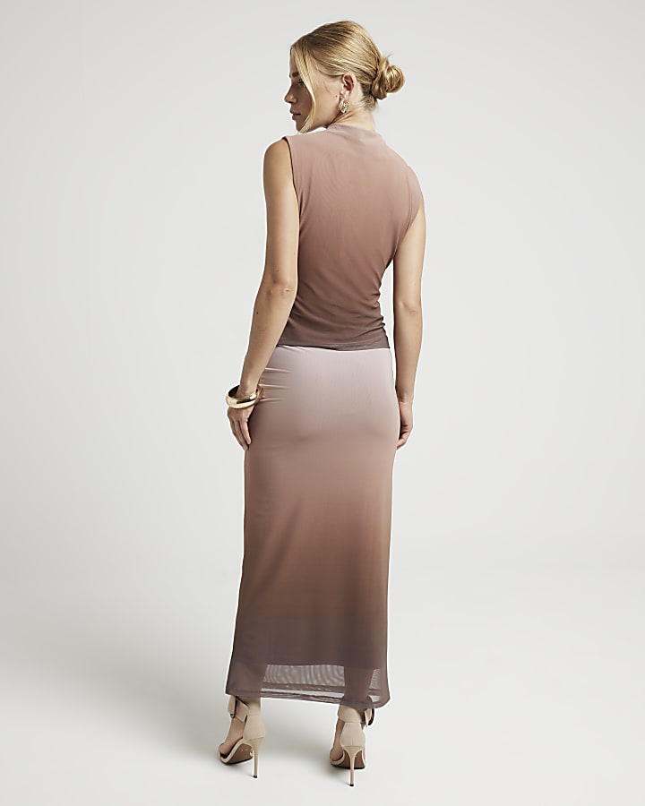 Brown mesh ombre ruched midi skirt