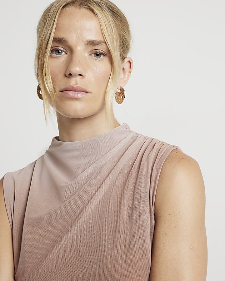 Brown mesh ombre ruched top